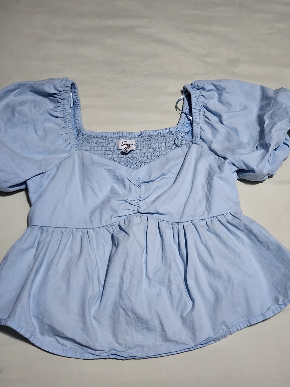 Light Blue Square Neck Puff Sleeve Peplum Blouse